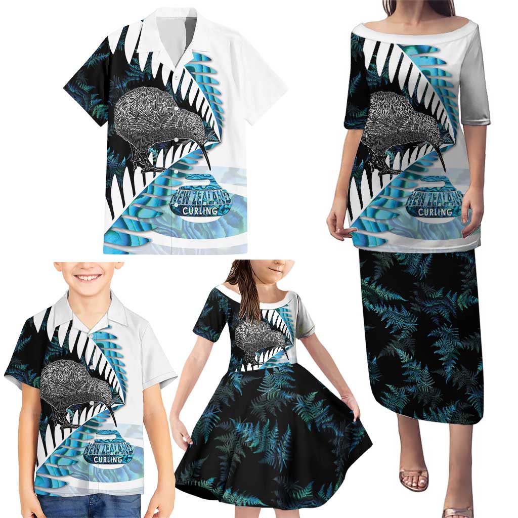 New Zealand Silver Fern Curling Personalised Family Matching Puletasi and Hawaiian Shirt Aotearoa Kiwi Ponga Paua Shell Version - Polynesian Pride