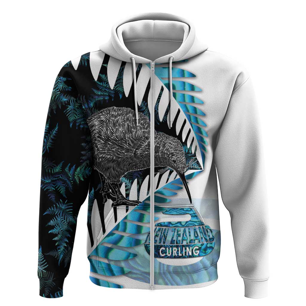 New Zealand Silver Fern Curling Personalised Hoodie Aotearoa Kiwi Ponga Paua Shell Version LT14 Zip Hoodie Black - Polynesian Pride