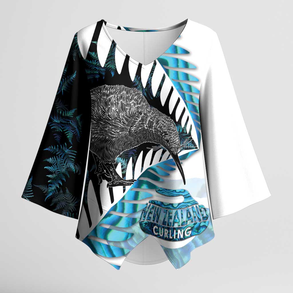 New Zealand Silver Fern Curling Personalised Kimono Sleeve Blouse Aotearoa Kiwi Ponga Paua Shell Version LT14 Female Black - Polynesian Pride