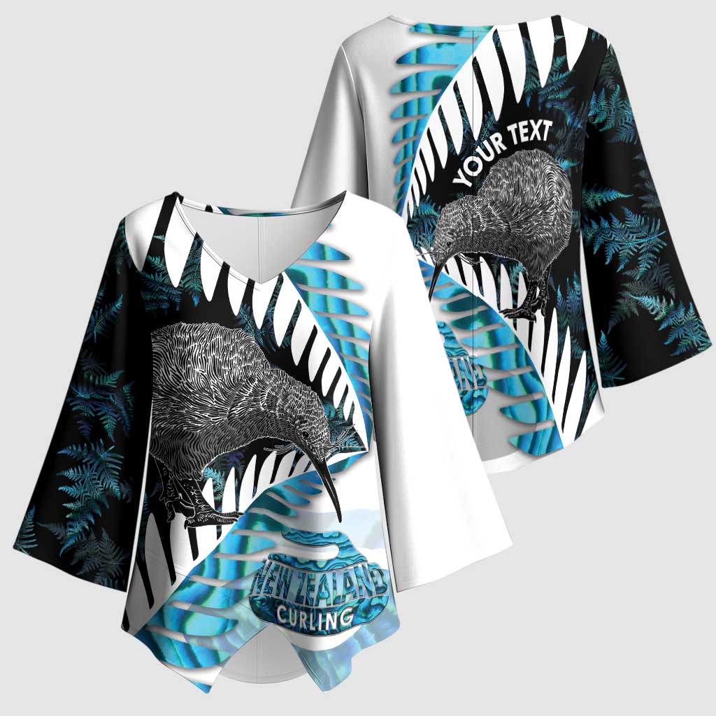 New Zealand Silver Fern Curling Personalised Kimono Sleeve Blouse Aotearoa Kiwi Ponga Paua Shell Version LT14 - Polynesian Pride