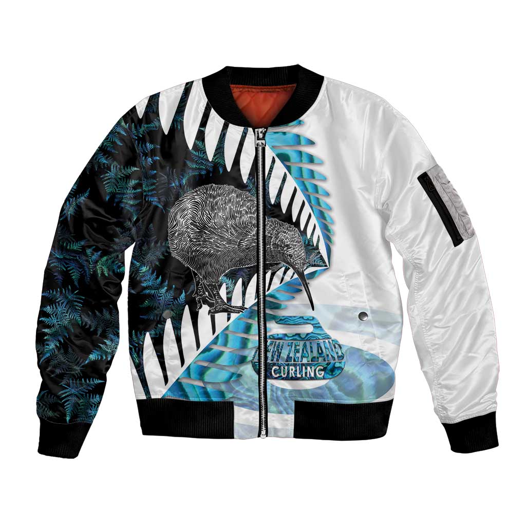 New Zealand Silver Fern Curling Personalised Sleeve Zip Bomber Jacket Aotearoa Kiwi Ponga Paua Shell Version - Polynesian Pride