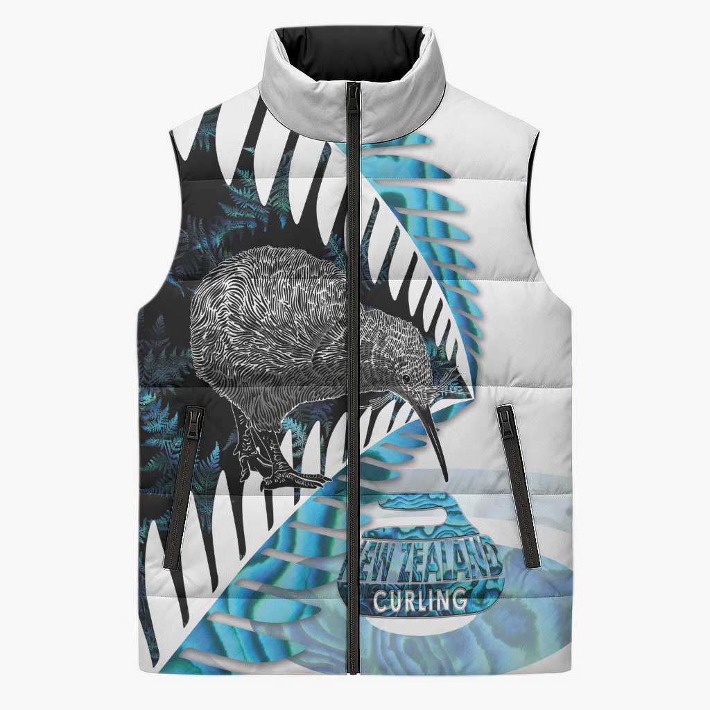 New Zealand Silver Fern Curling Personalised Sleeveless Puffer Jacket Aotearoa Kiwi Ponga Paua Shell Version LT14 Unisex Black - Polynesian Pride