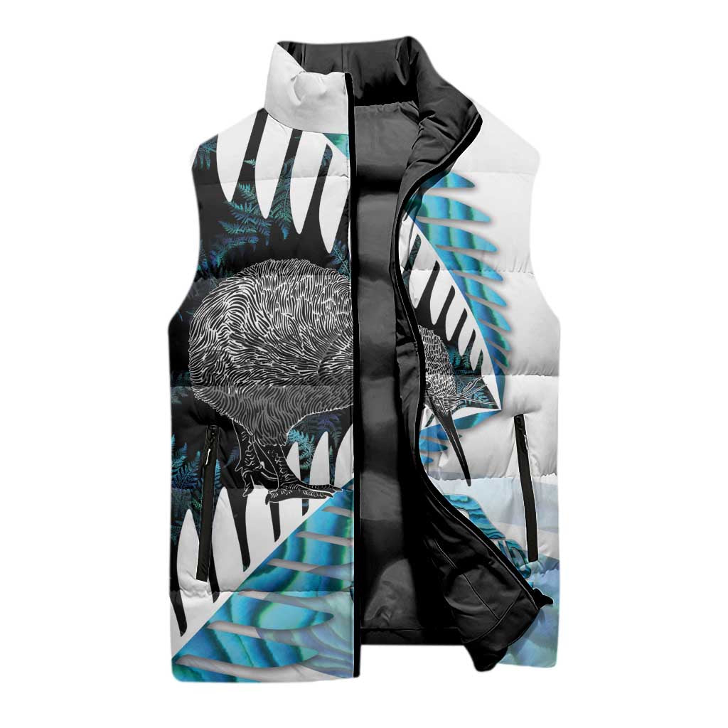 New Zealand Silver Fern Curling Personalised Sleeveless Puffer Jacket Aotearoa Kiwi Ponga Paua Shell Version LT14 - Polynesian Pride