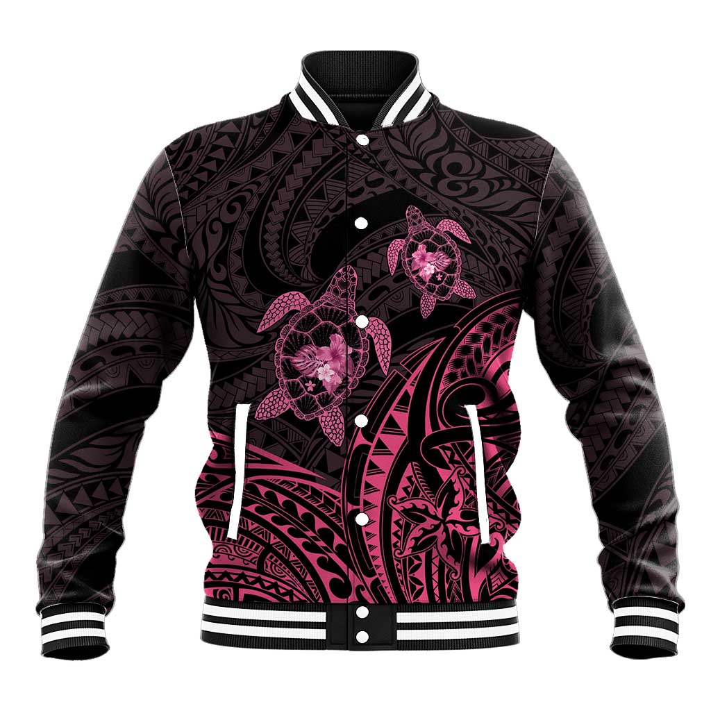 Pink Black Polynesia Floral Sea Turtle Baseball Jacket LT14 Unisex Black - Polynesian Pride