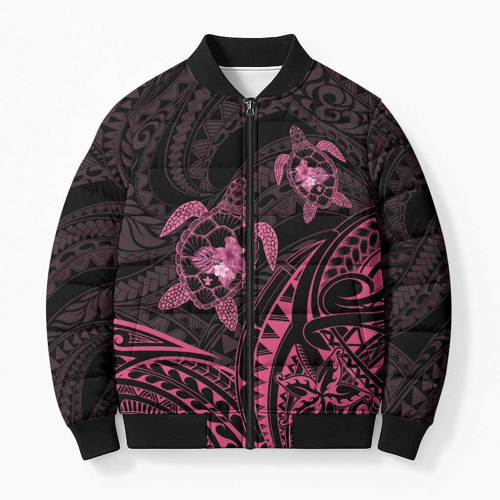 Pink Black Polynesia Floral Sea Turtle Bomber Puffer Jacket LT14 Unisex Black - Polynesian Pride