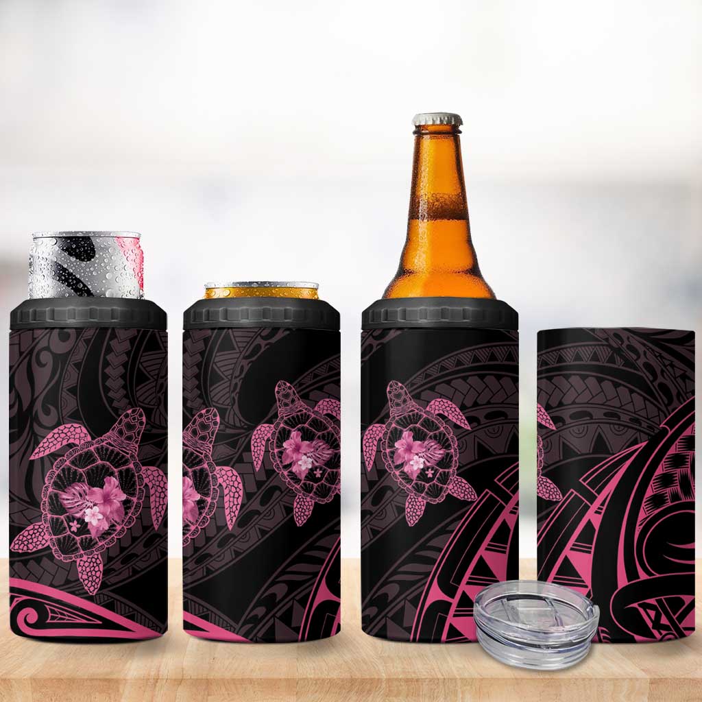 Pink Black Polynesia Floral Sea Turtle 4 in 1 Can Cooler Tumbler - Polynesian Pride