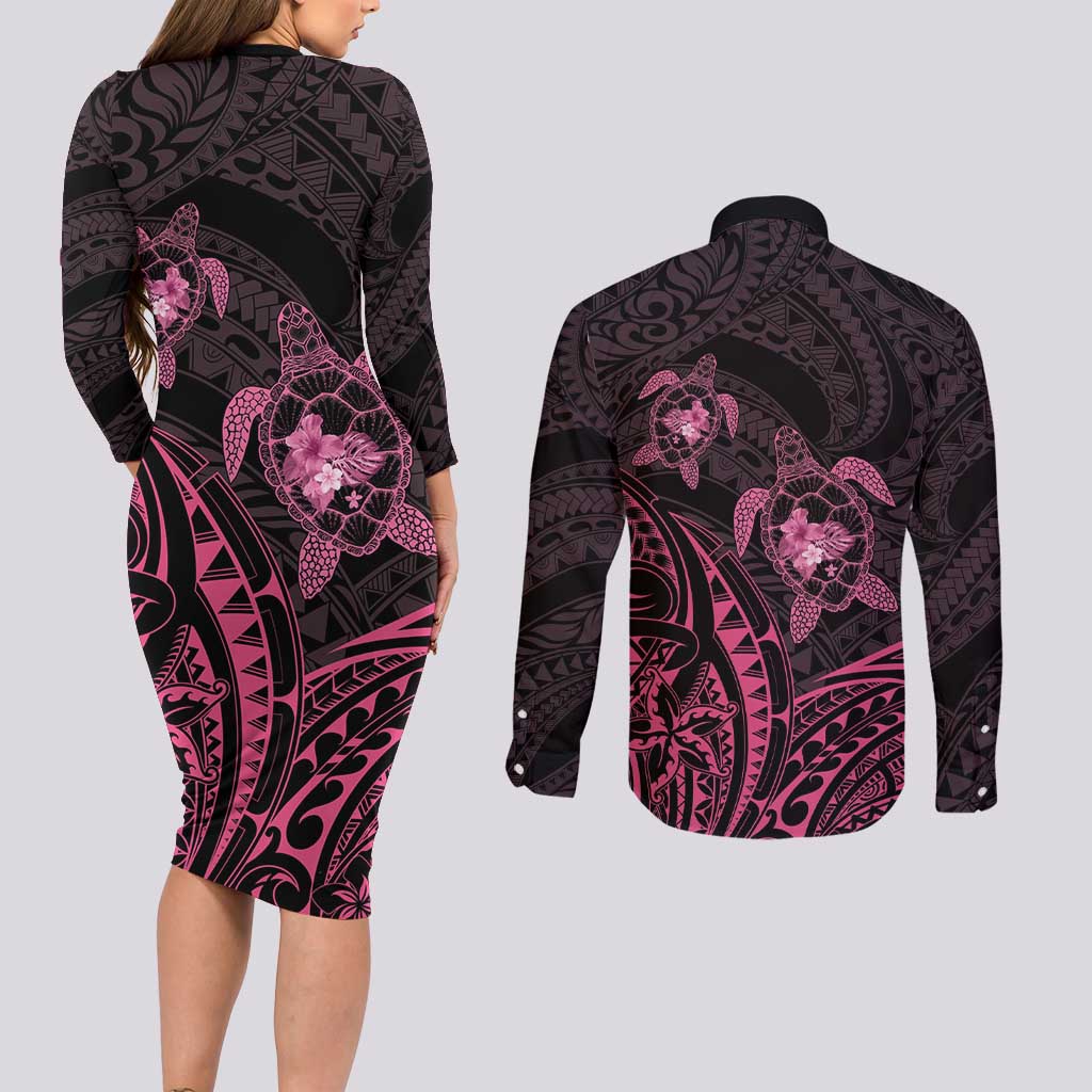 Pink Black Polynesia Floral Sea Turtle Couples Matching Long Sleeve Bodycon Dress and Long Sleeve Button Shirt LT14 - Polynesian Pride