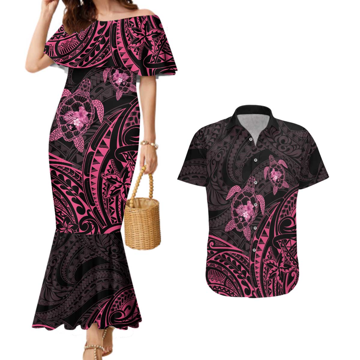 Pink Black Polynesia Floral Sea Turtle Couples Matching Mermaid Dress and Hawaiian Shirt - Polynesian Pride