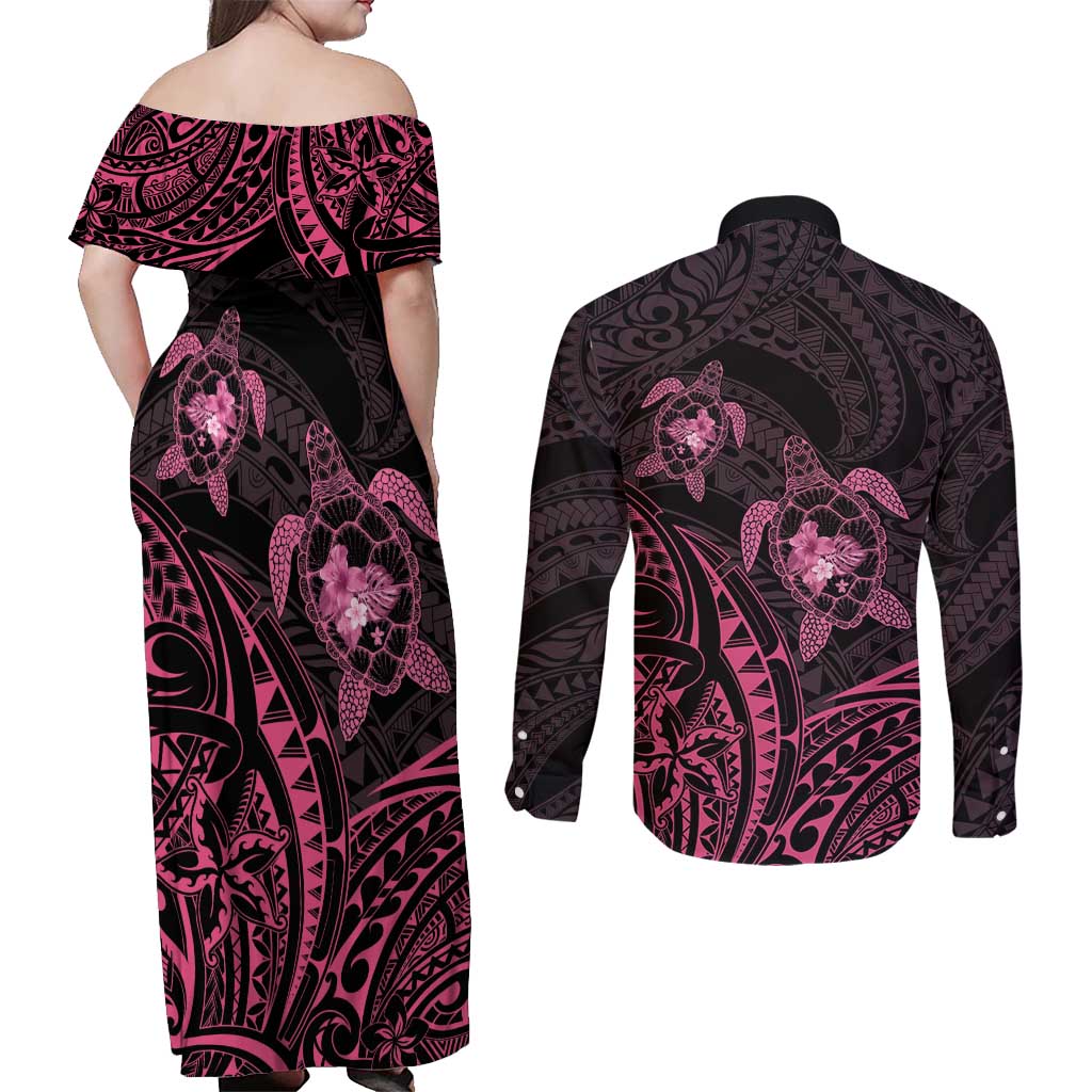 Pink Black Polynesia Floral Sea Turtle Couples Matching Off Shoulder Maxi Dress and Long Sleeve Button Shirt LT14 - Polynesian Pride