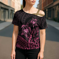 Pink Black Polynesia Floral Sea Turtle Cross Shoulder Shirt LT14 - Polynesian Pride