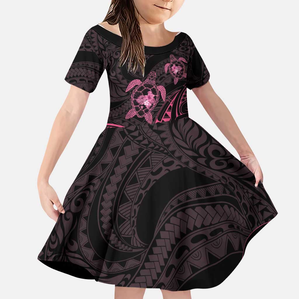 Pink Black Polynesia Floral Sea Turtle Family Matching Long Sleeve Bodycon Dress and Hawaiian Shirt - Polynesian Pride
