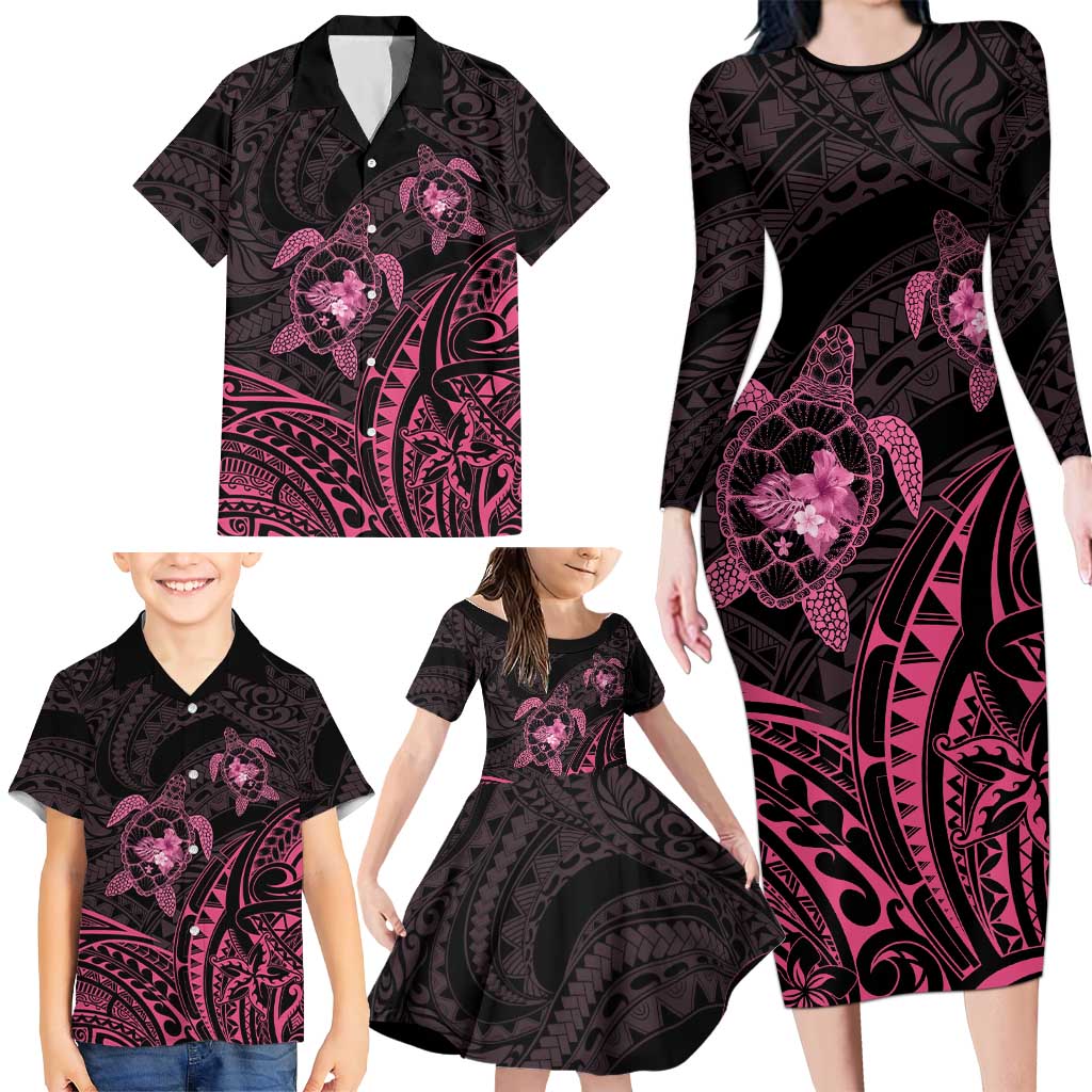 Pink Black Polynesia Floral Sea Turtle Family Matching Long Sleeve Bodycon Dress and Hawaiian Shirt - Polynesian Pride