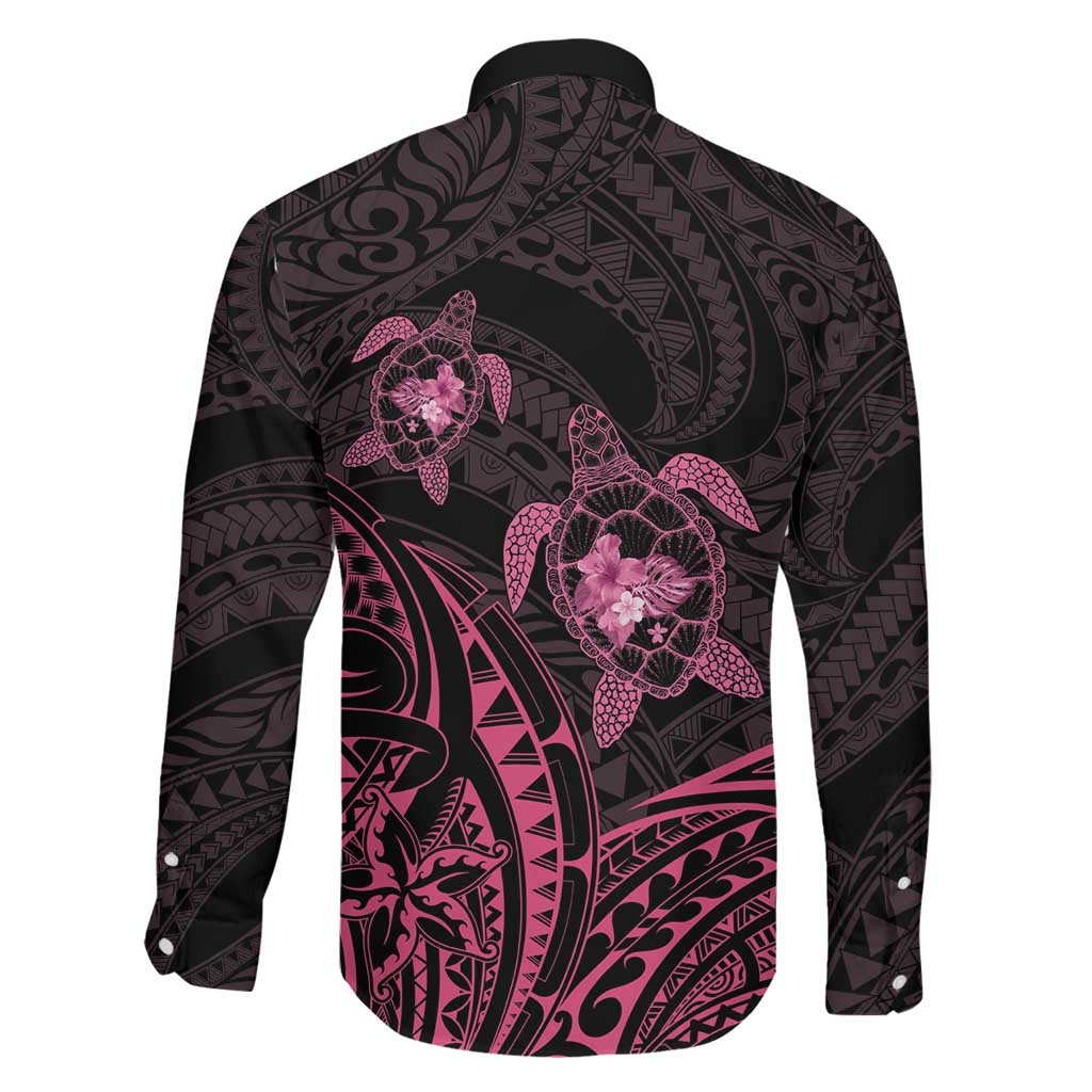 Pink Black Polynesia Floral Sea Turtle Family Matching Long Sleeve Bodycon Dress and Hawaiian Shirt - Polynesian Pride