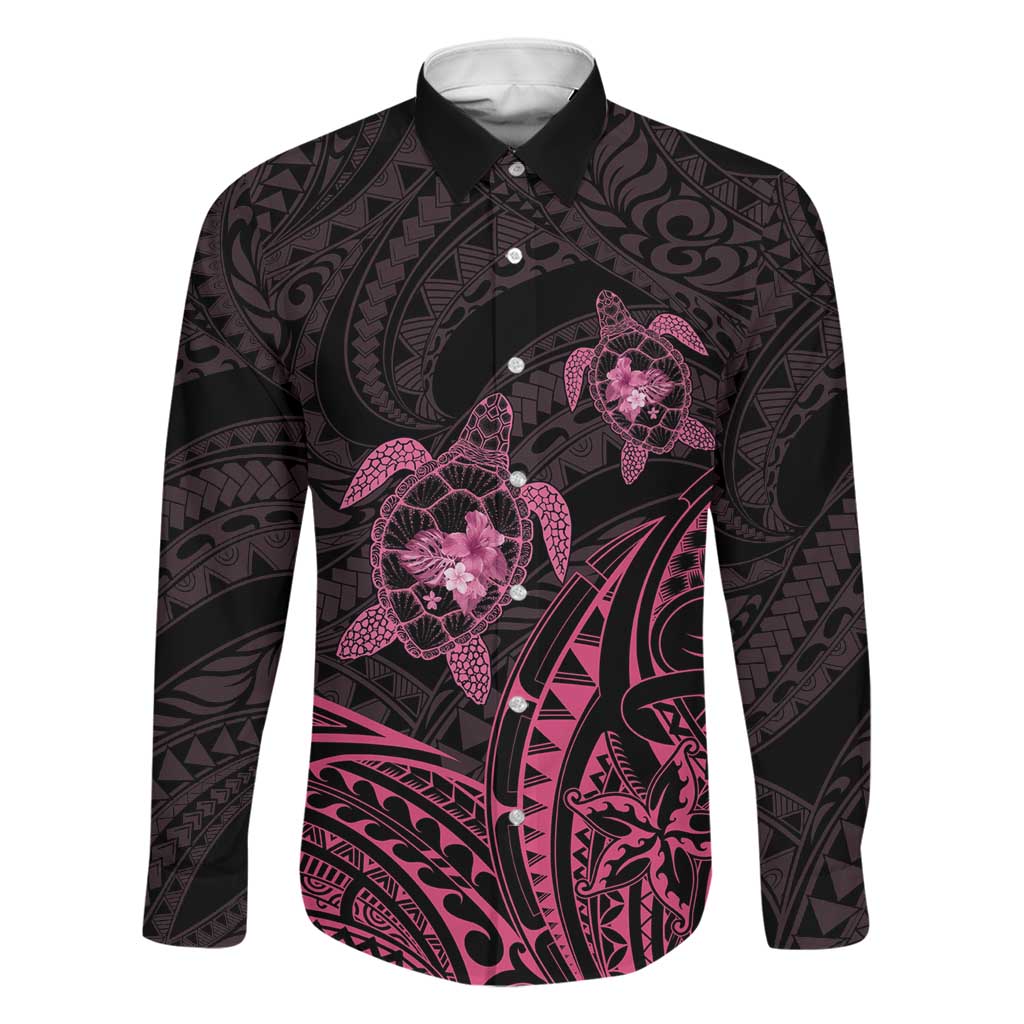 Pink Black Polynesia Floral Sea Turtle Family Matching Off The Shoulder Long Sleeve Dress and Hawaiian Shirt LT14 Dad's Shirt - Long Sleeve Black - Polynesian Pride