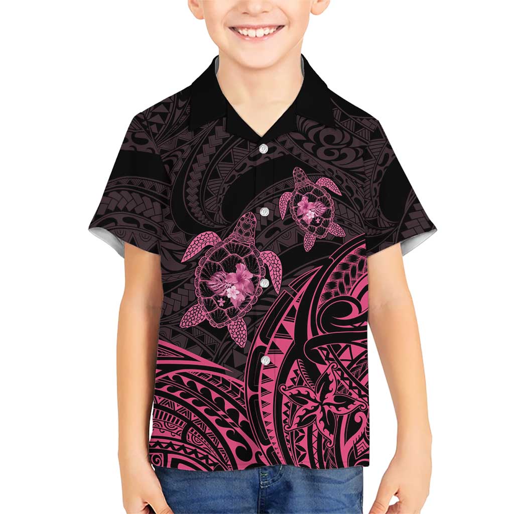 Pink Black Polynesia Floral Sea Turtle Family Matching Off The Shoulder Long Sleeve Dress and Hawaiian Shirt LT14 Son's Shirt Black - Polynesian Pride