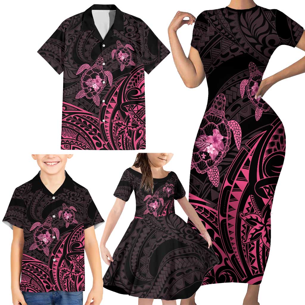 Pink Black Polynesia Floral Sea Turtle Family Matching Short Sleeve Bodycon Dress and Hawaiian Shirt - Polynesian Pride