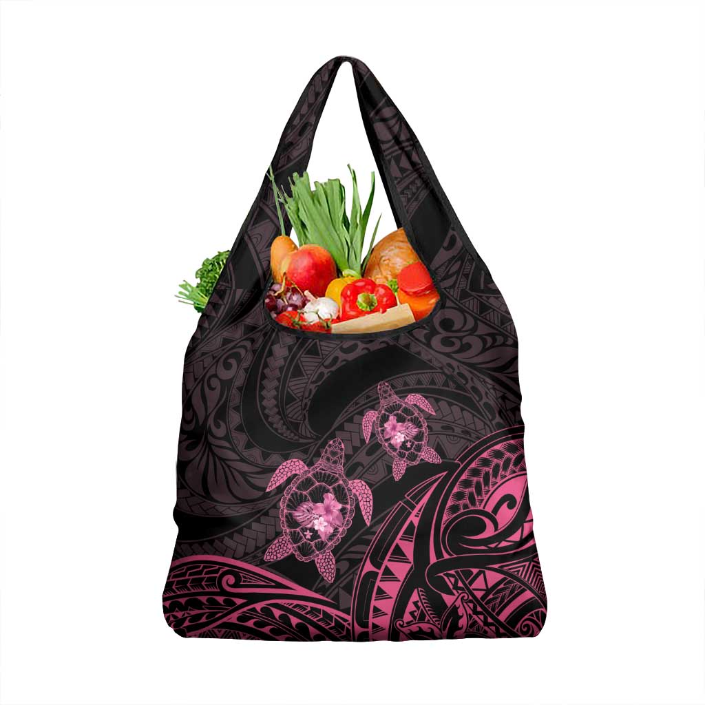 Pink Black Polynesia Floral Sea Turtle Grocery Bag - Polynesian Pride