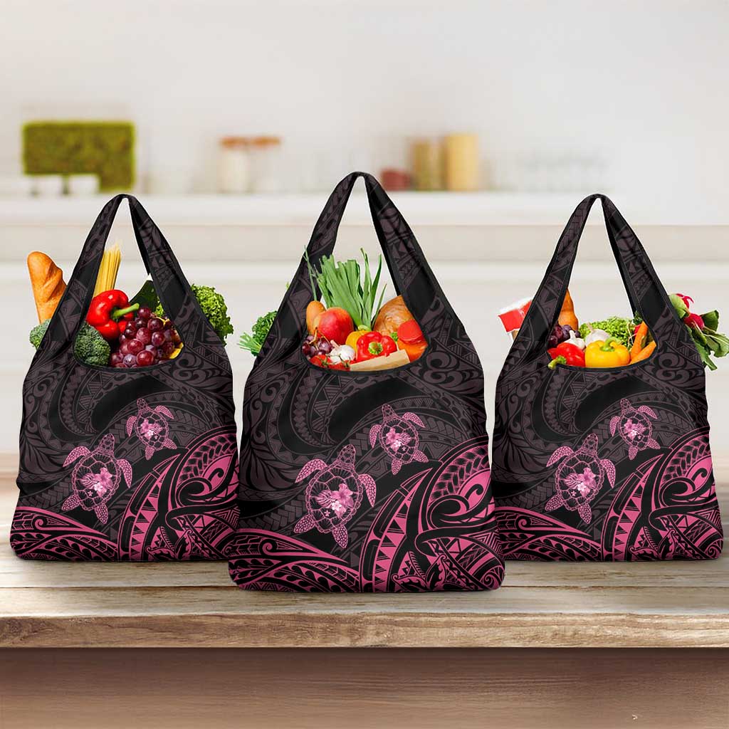 Pink Black Polynesia Floral Sea Turtle Grocery Bag - Polynesian Pride