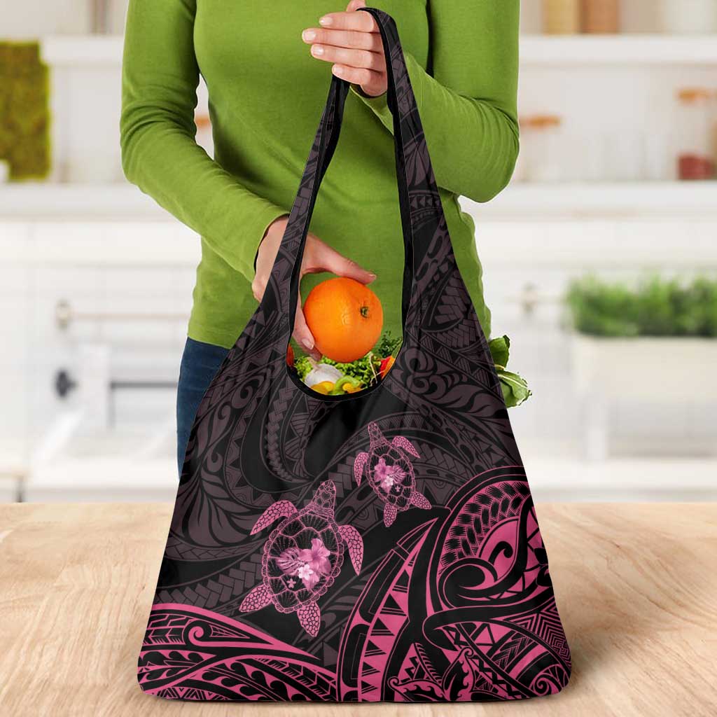 Pink Black Polynesia Floral Sea Turtle Grocery Bag - Polynesian Pride