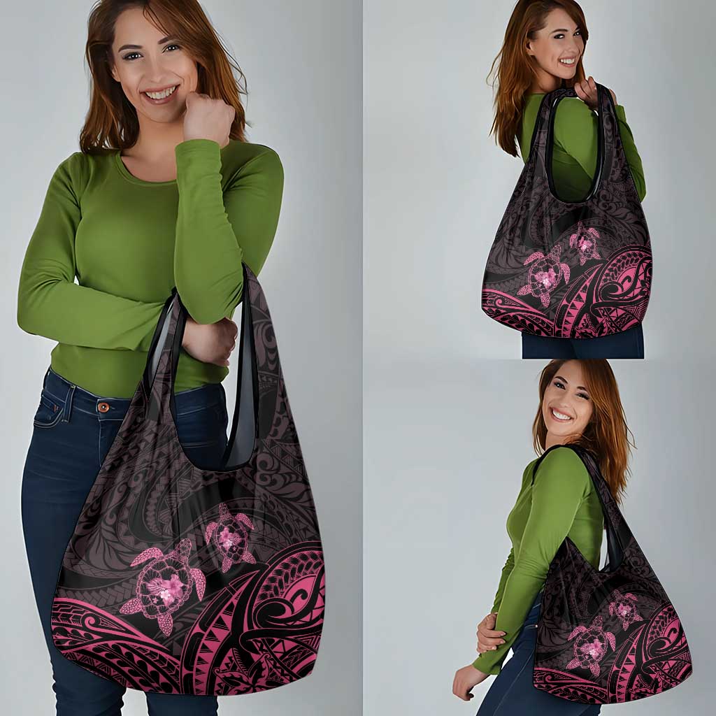 Pink Black Polynesia Floral Sea Turtle Grocery Bag - Polynesian Pride