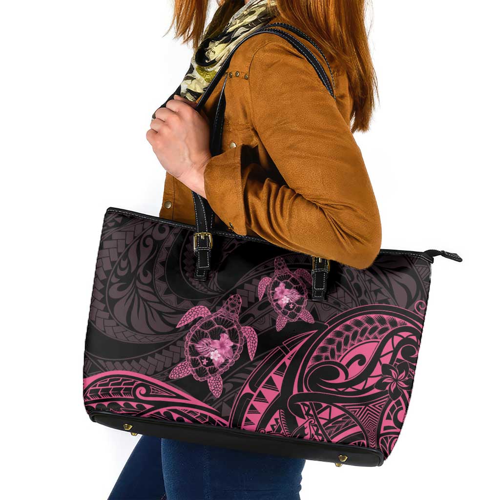 Pink Black Polynesia Floral Sea Turtle Leather Tote Bag LT14 Black - Polynesian Pride