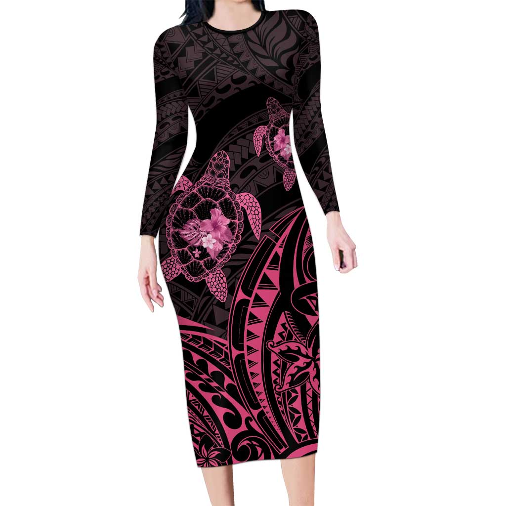 Pink Black Polynesia Floral Sea Turtle Long Sleeve Bodycon Dress LT14 Long Dress Black - Polynesian Pride