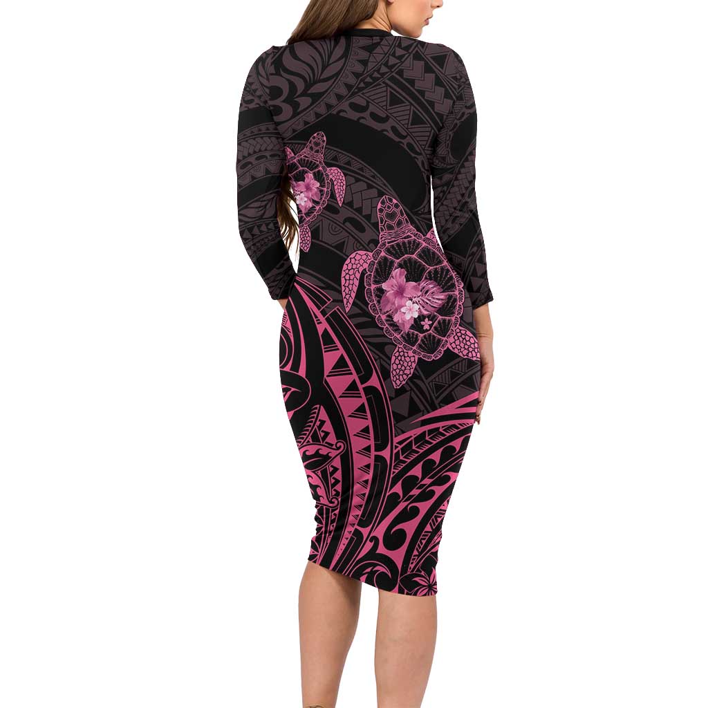 Pink Black Polynesia Floral Sea Turtle Long Sleeve Bodycon Dress LT14 - Polynesian Pride