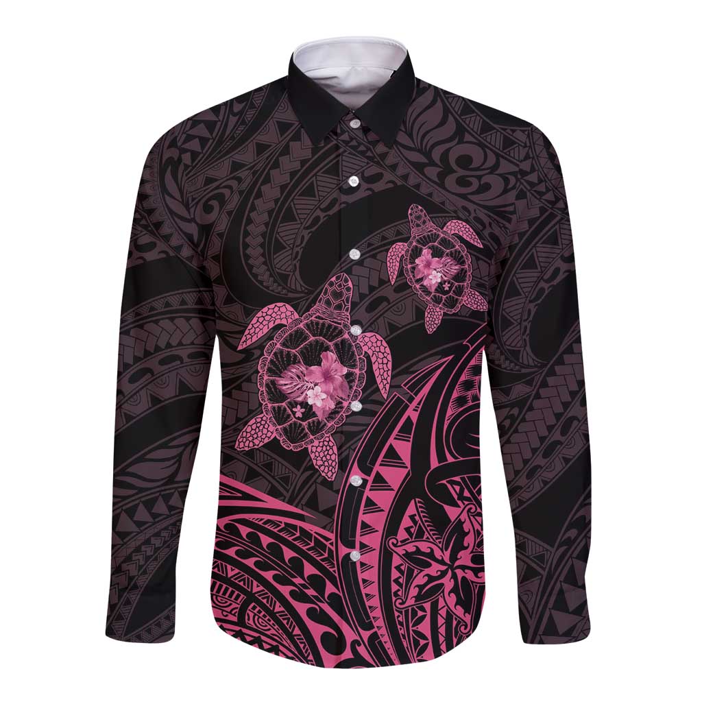 Pink Black Polynesia Floral Sea Turtle Long Sleeve Button Shirt LT14 Unisex Black - Polynesian Pride