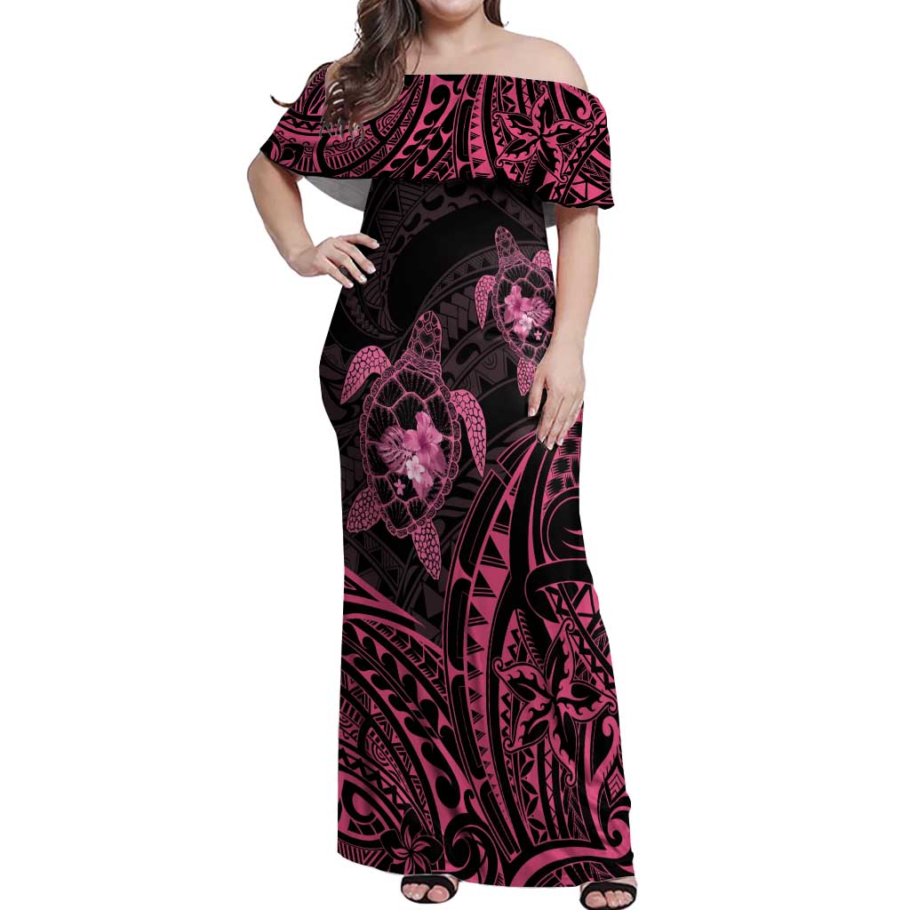 Pink Black Polynesia Floral Sea Turtle Off Shoulder Maxi Dress LT14 Women Black - Polynesian Pride