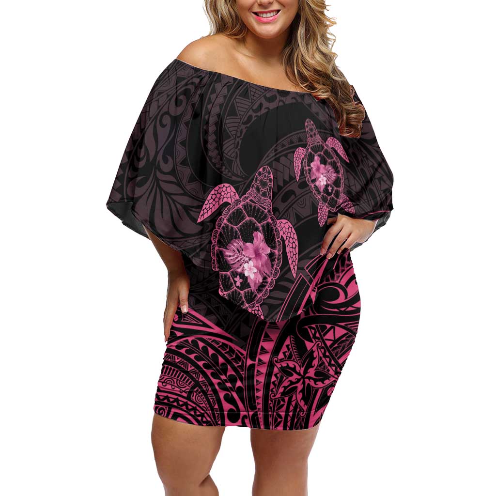 Pink Black Polynesia Floral Sea Turtle Off Shoulder Short Dress LT14 Women Black - Polynesian Pride