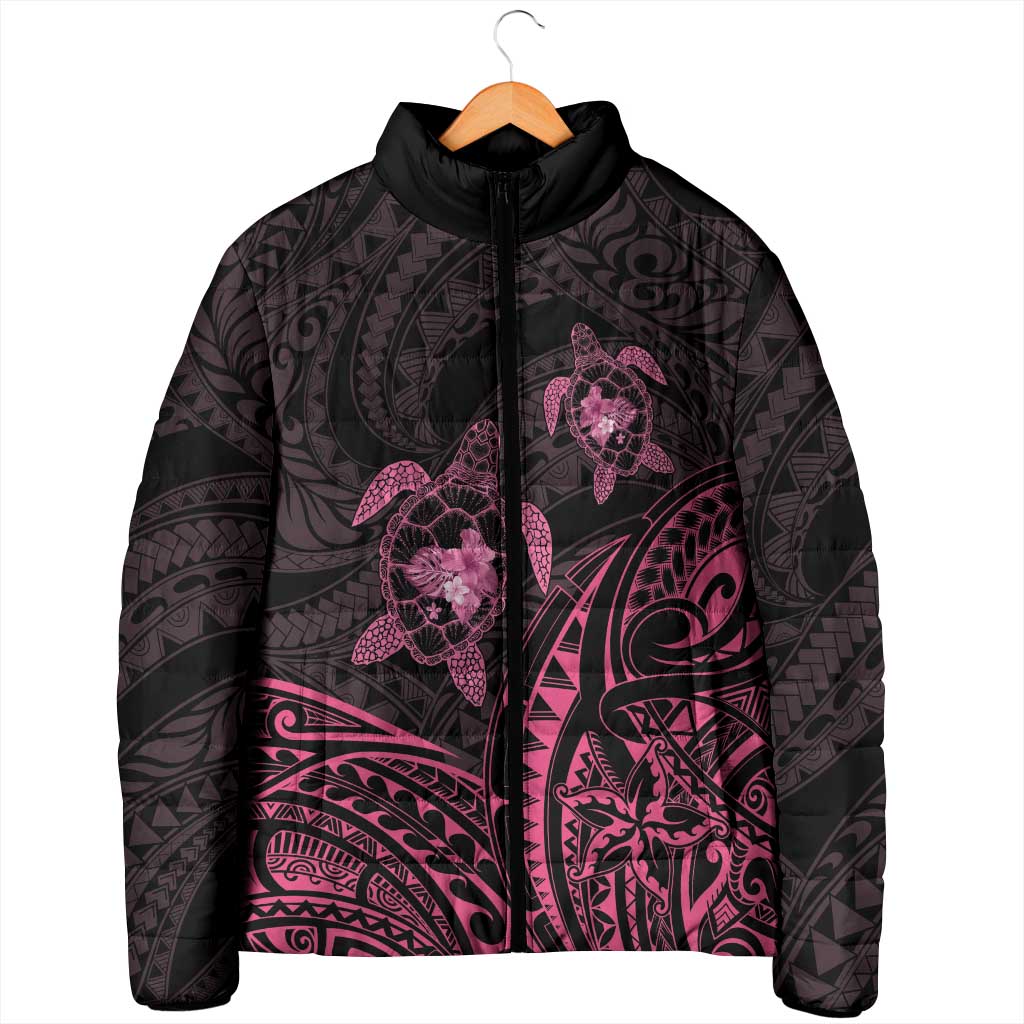 Pink Black Polynesia Floral Sea Turtle Padded Jacket - Polynesian Pride