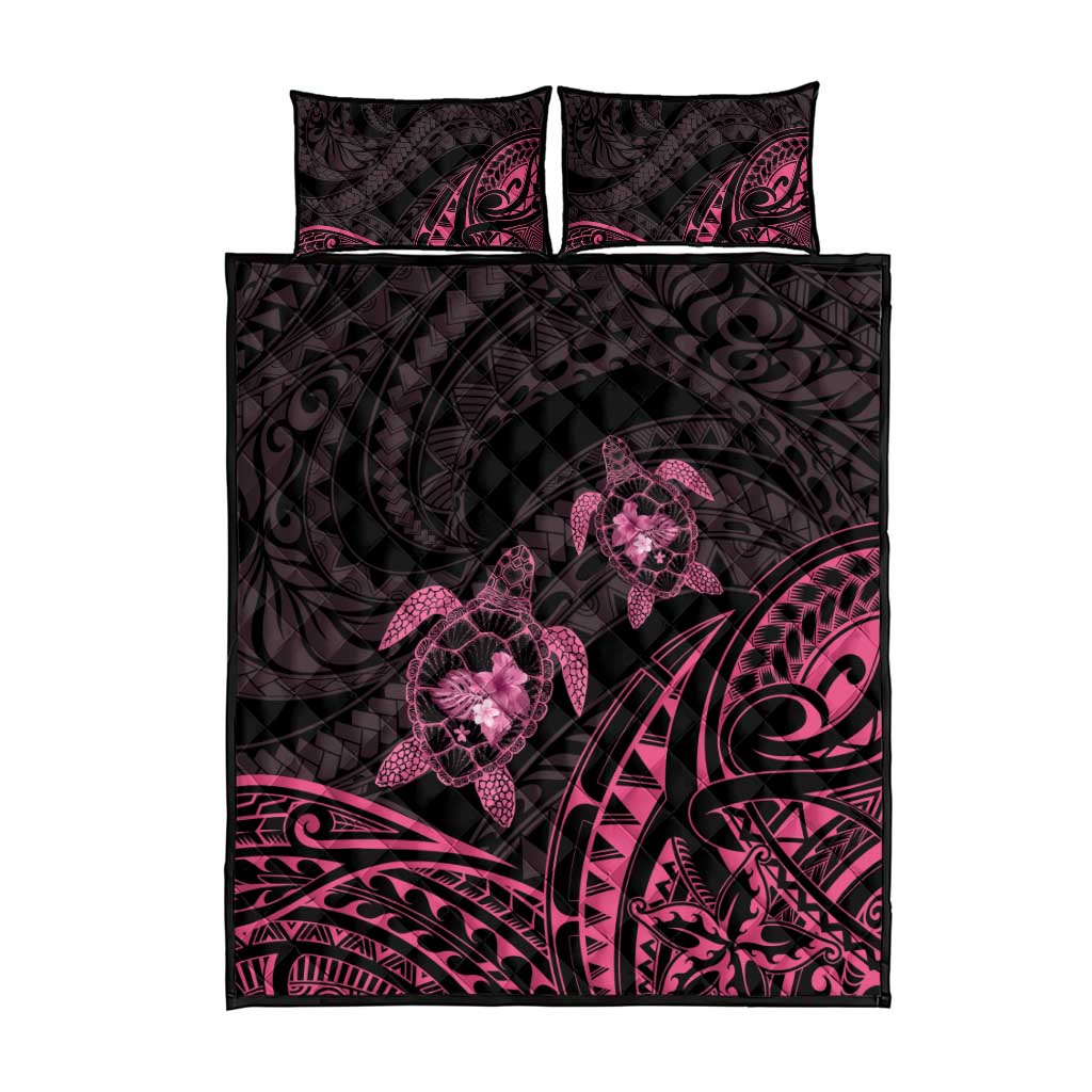 Pink Black Polynesia Floral Sea Turtle Quilt Bed Set - Polynesian Pride