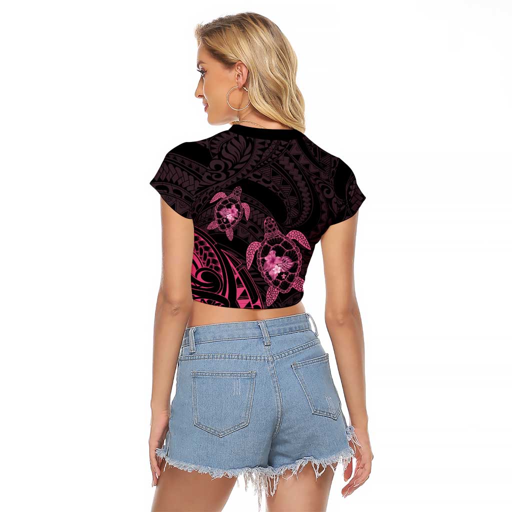Pink Black Polynesia Floral Sea Turtle Raglan Cropped T Shirt LT14 - Polynesian Pride