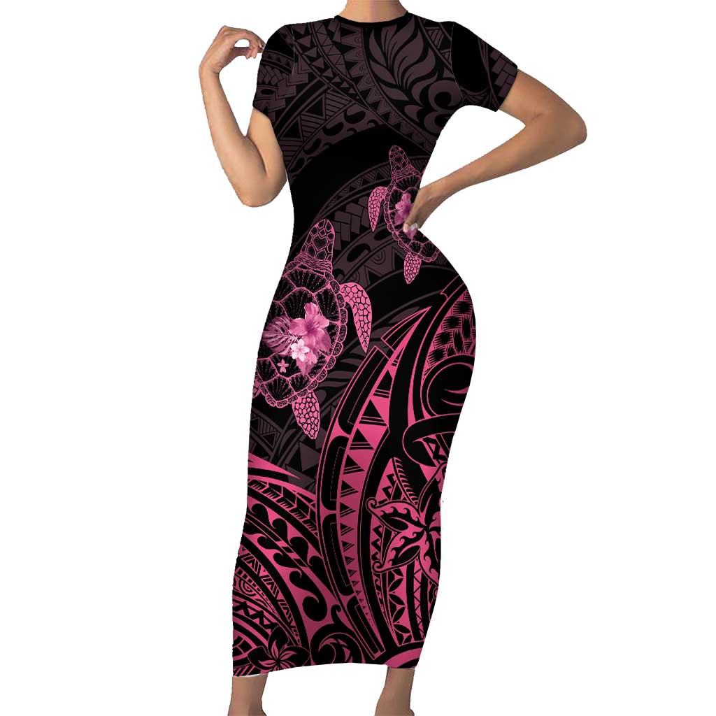 Pink Black Polynesia Floral Sea Turtle Short Sleeve Bodycon Dress LT14 Long Dress Black - Polynesian Pride