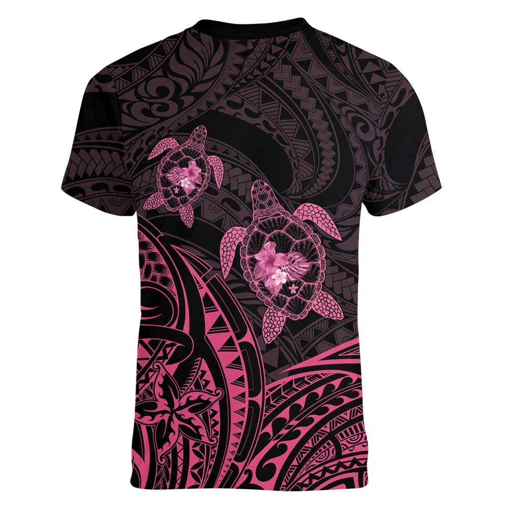 Pink Black Polynesia Floral Sea Turtle Women V-Neck T-Shirt LT14 - Polynesian Pride