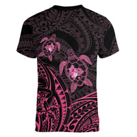 Pink Black Polynesia Floral Sea Turtle Women V-Neck T-Shirt LT14 - Polynesian Pride