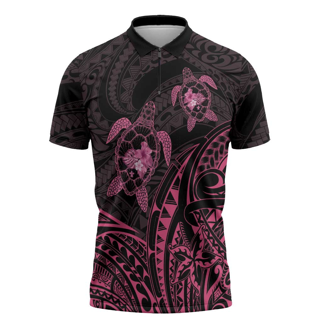 Pink Black Polynesia Floral Sea Turtle Zipper Polo Shirt LT14 Black - Polynesian Pride