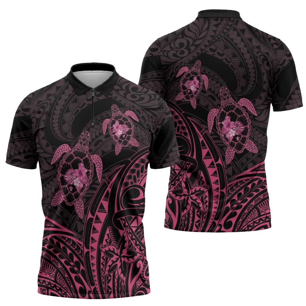 Pink Black Polynesia Floral Sea Turtle Zipper Polo Shirt LT14 - Polynesian Pride