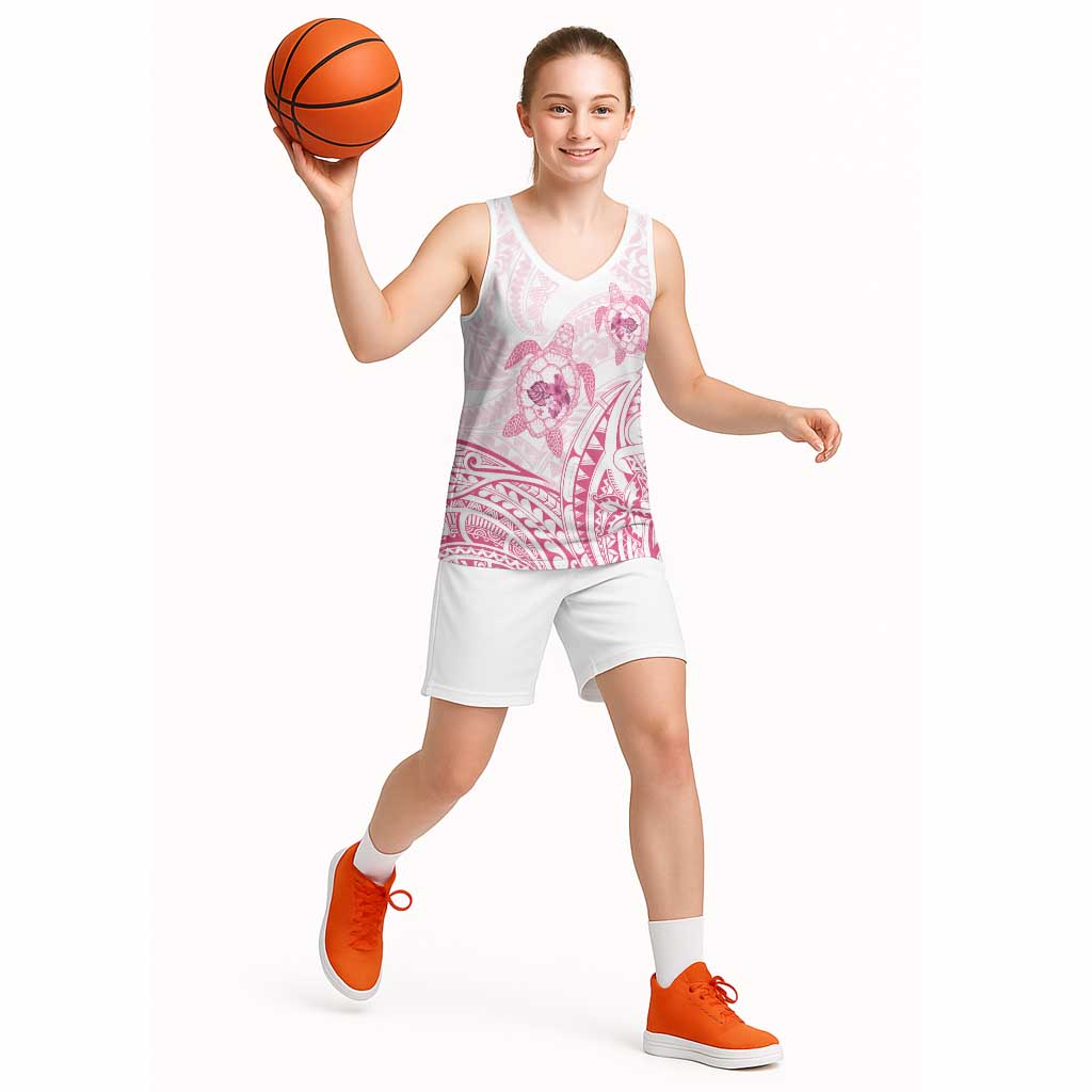 Pink White Polynesia Floral Sea Turtle Basketball Jersey LT14 - Polynesian Pride