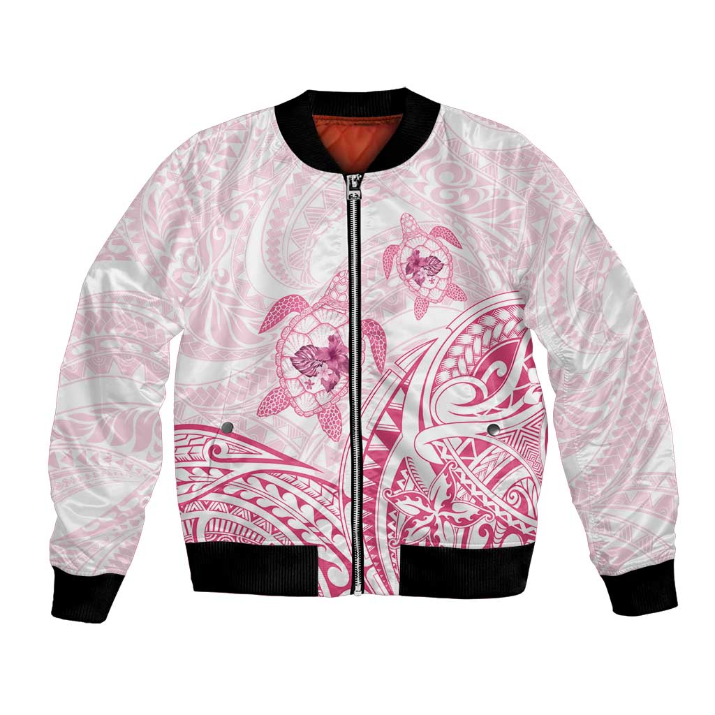 Pink White Polynesia Floral Sea Turtle Bomber Jacket LT14 Unisex White - Polynesian Pride