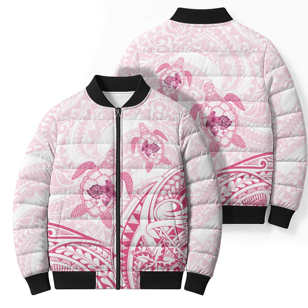 Pink White Polynesia Floral Sea Turtle Bomber Puffer Jacket LT14 - Polynesian Pride