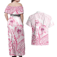 Pink White Polynesia Floral Sea Turtle Couples Matching Off Shoulder Maxi Dress and Hawaiian Shirt LT14 - Polynesian Pride