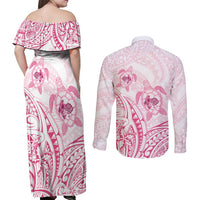 Pink White Polynesia Floral Sea Turtle Couples Matching Off Shoulder Maxi Dress and Long Sleeve Button Shirt LT14 - Polynesian Pride