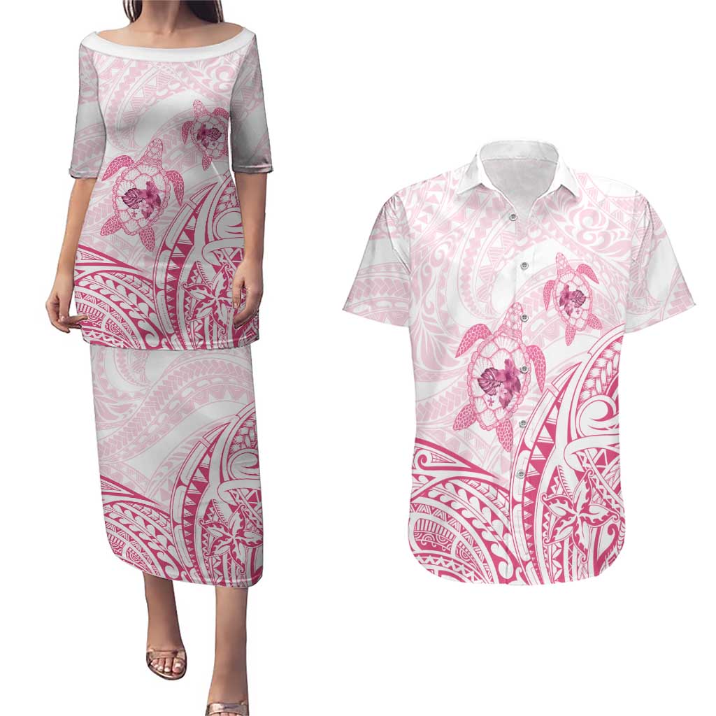 Pink White Polynesia Floral Sea Turtle Couples Matching Puletasi and Hawaiian Shirt - Polynesian Pride