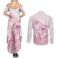 Pink White Polynesia Floral Sea Turtle Couples Matching Summer Maxi Dress and Long Sleeve Button Shirt LT14 - Polynesian Pride