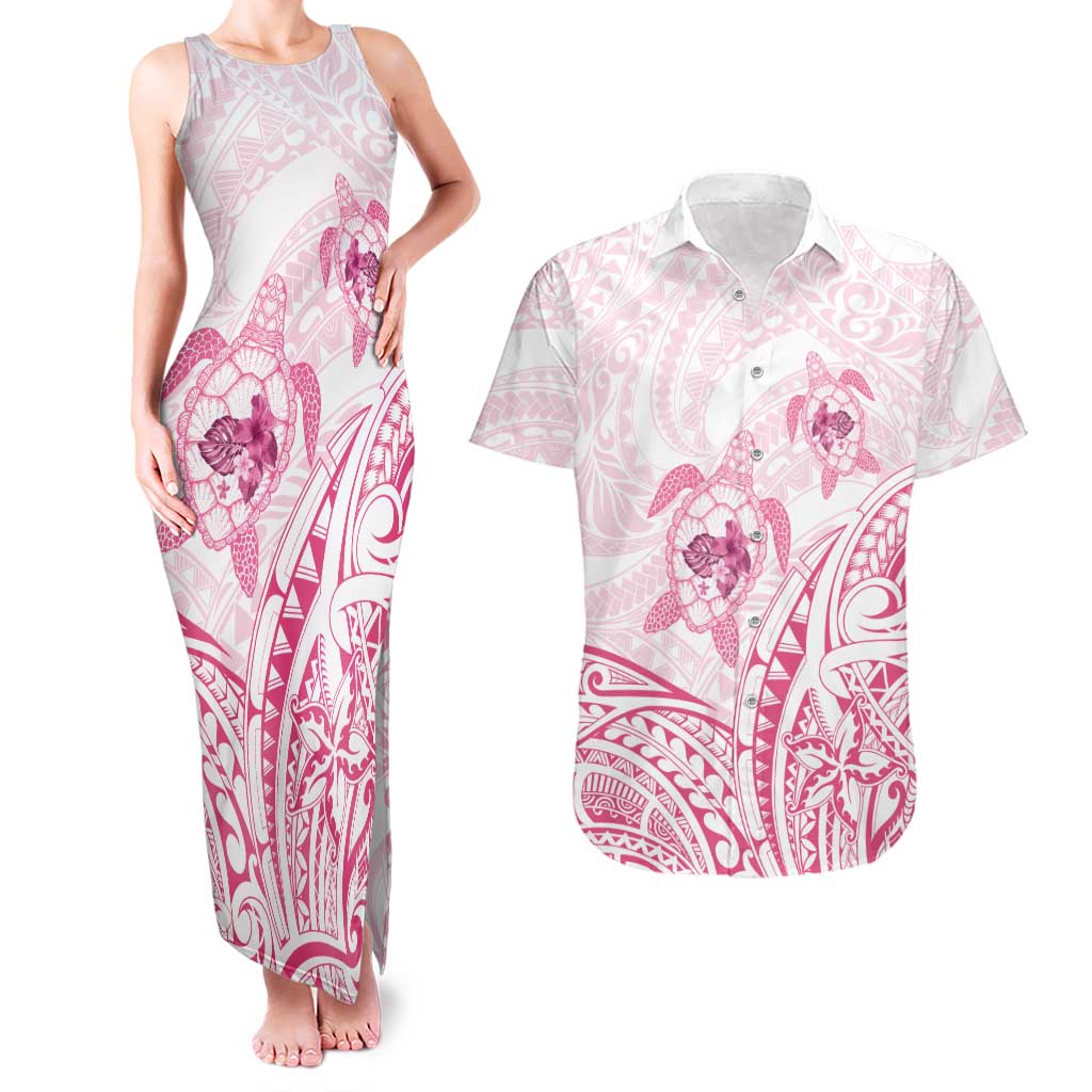 Pink White Polynesia Floral Sea Turtle Couples Matching Tank Maxi Dress and Hawaiian Shirt - Polynesian Pride