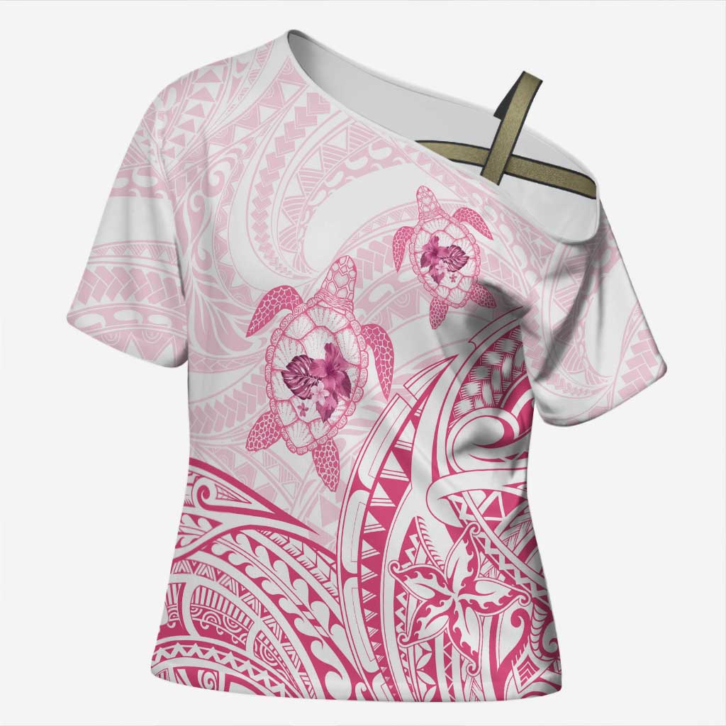 Pink White Polynesia Floral Sea Turtle Cross Shoulder Shirt LT14 Female White - Polynesian Pride