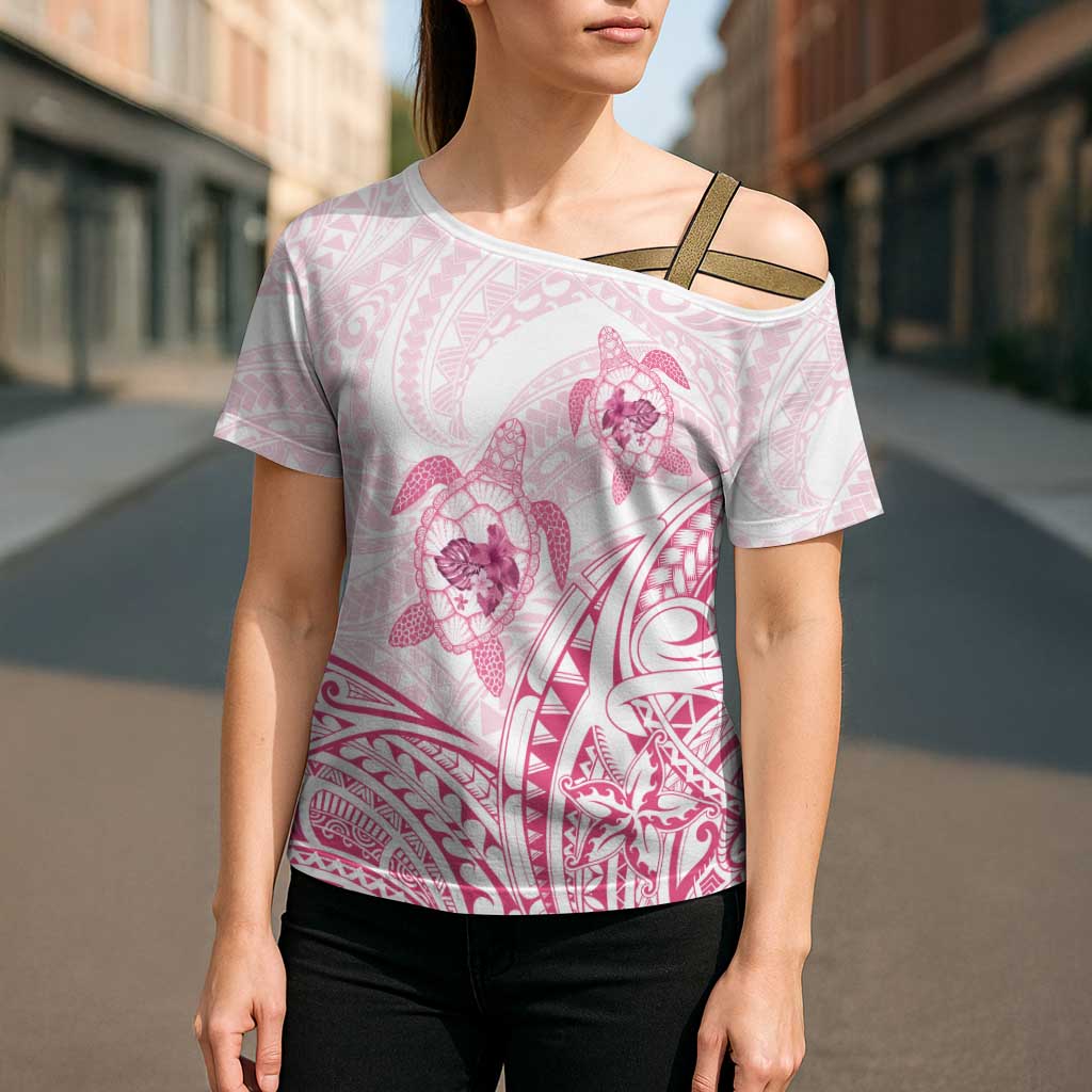 Pink White Polynesia Floral Sea Turtle Cross Shoulder Shirt LT14 - Polynesian Pride