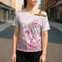 Pink White Polynesia Floral Sea Turtle Cross Shoulder Shirt LT14 - Polynesian Pride