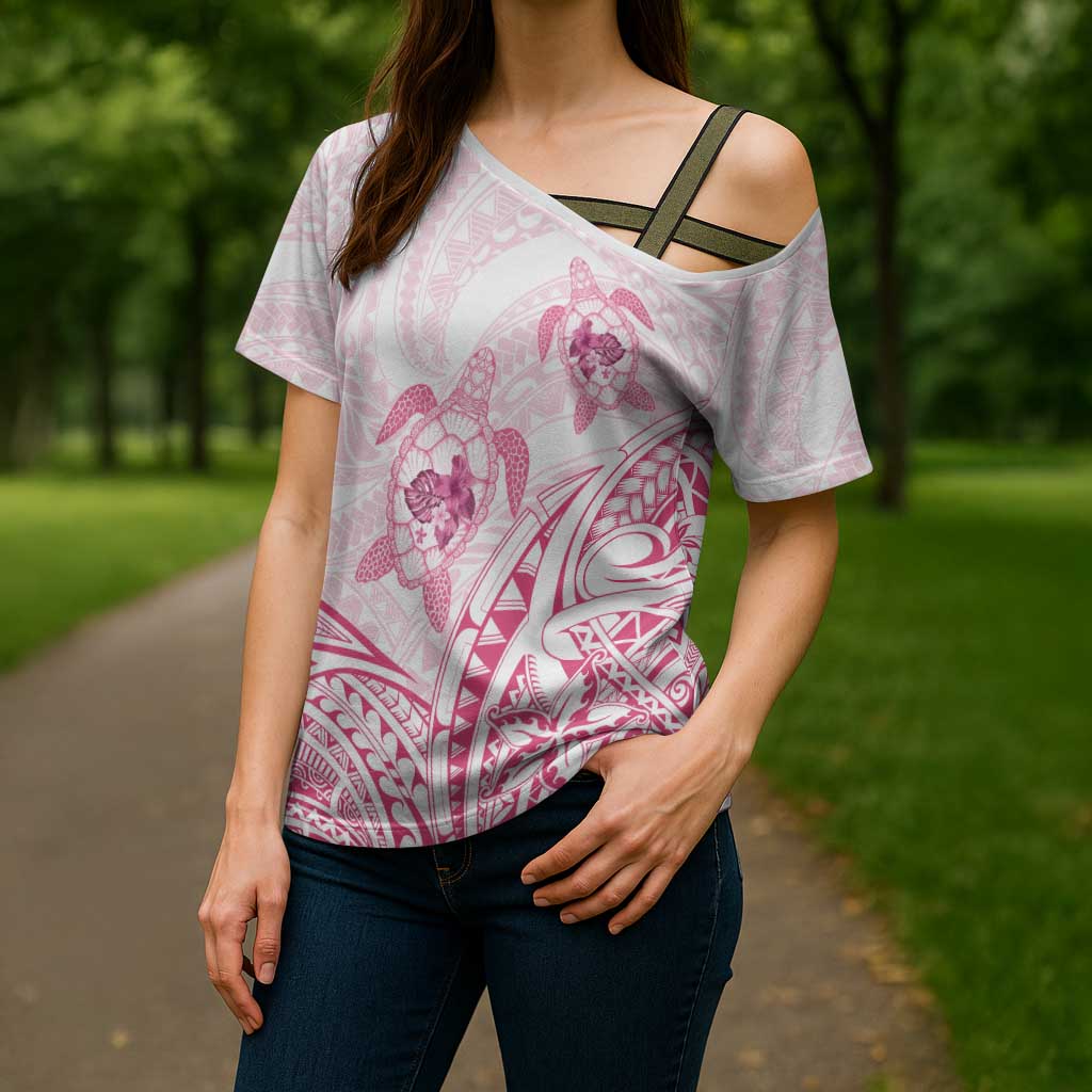 Pink White Polynesia Floral Sea Turtle Cross Shoulder Shirt LT14 - Polynesian Pride